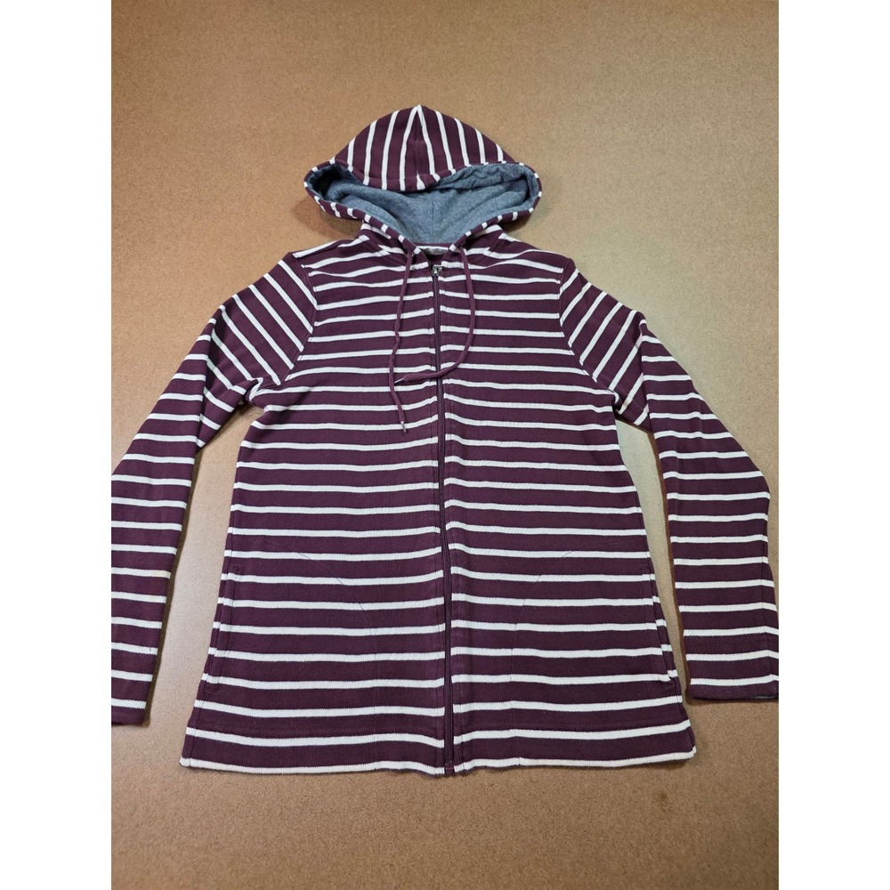 LL Bean Womens Burgundy White Striped Full Zip Cotton Ribbed Hoodie Sweater M
